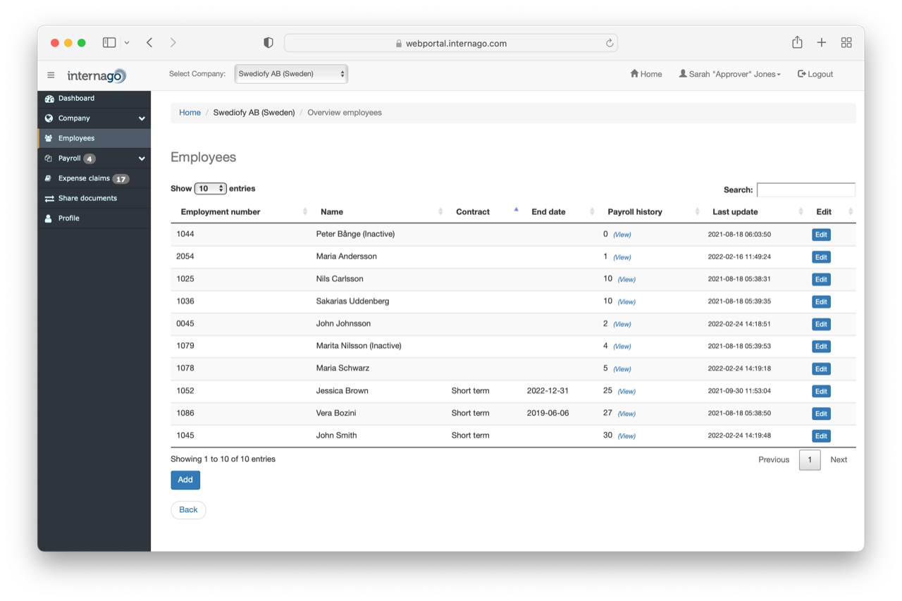 A screenshot of a payroll workflow with different roles and managers in the Internago portal