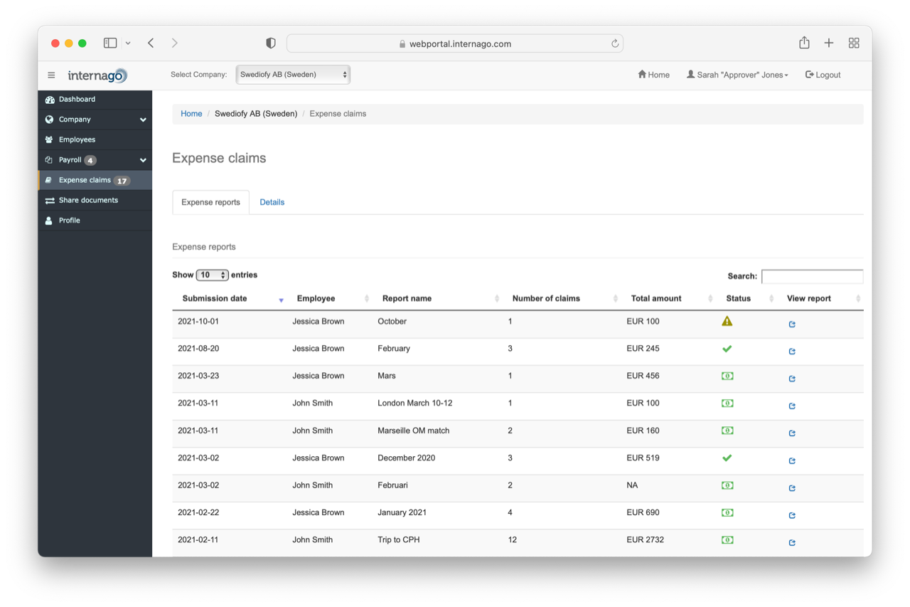 Screenshot of expense management tool from Internagos portal that shows expense claims and receipts.